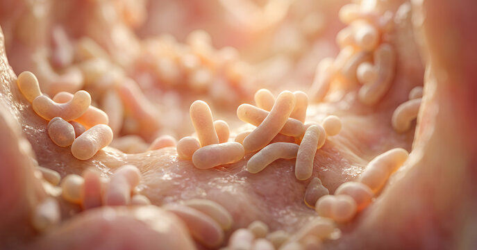 Close-up view of microscopic bacteria showing their shapes and textures. The image captures the intricate details of these microorganisms in a soft focus.
