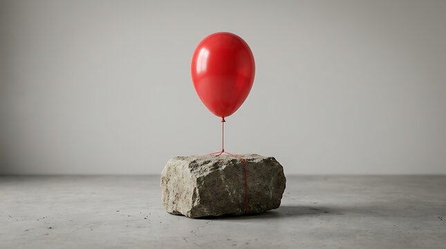 Balon merah terikat batu besar menggambarkan konsep beban dan ringan dalam ilustrasi sederhana dan minimalis