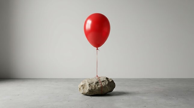 Balon merah ringan terikat pada batu besar di lantai abu-abu konsep keseimbangan dan kontras sederhana