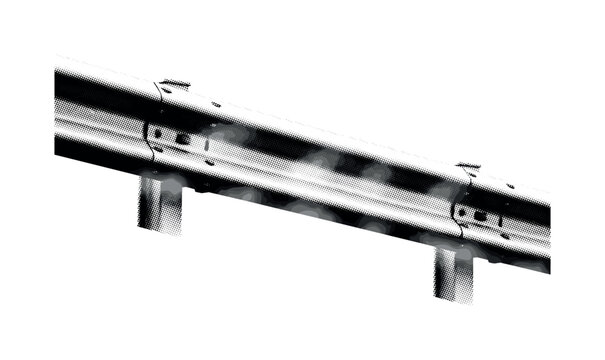 A metal guardrail segment with mist drifting across it, angled composition creating directional flow, black and white halftone illustration, textured dot