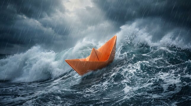 Perahu Kertas Oranye Mengarungi Ombak Besar di Laut Saat Hujan dan Langit Mendung