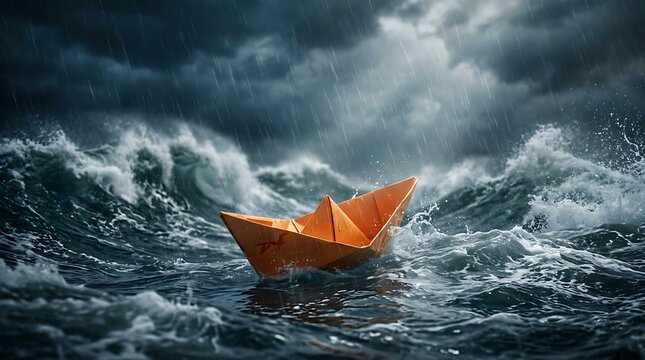 Perahu Kertas Oranye Mengarungi Ombak Besar di Laut Saat Hujan dengan Langit Mendung Gelap