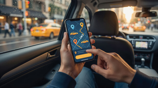 Passenger using smartphone taxi ride-sharing app inside car with city street view