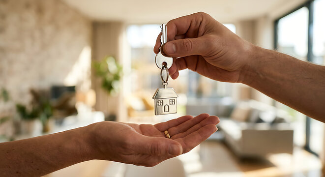 Handing over house keys with a small white charm in a bright, modern living room