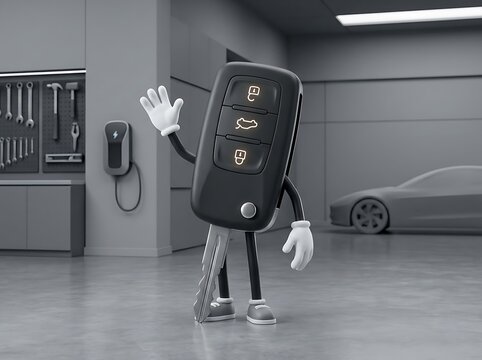 Kunci mobil animasi dengan tangan melambai di garasi modern lengkap alat servis dan mobil parkir belakang