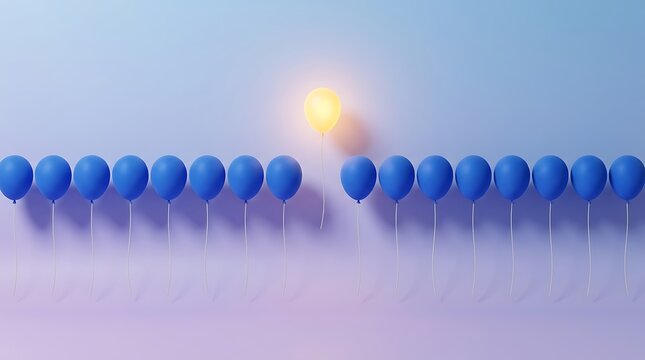 Balon kuning cerah berbeda berdiri di antara barisan balon biru seragam menggambarkan keunikan dan keberanian tampil beda