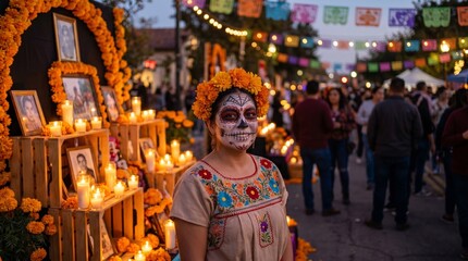 Obraz premium Día de los Muertos Woman with Sugar Skull Makeup and Marigold Flowers