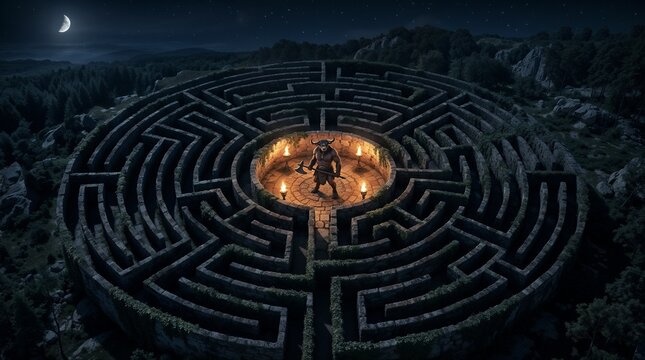Mythological minotaur standing in center of complex stone labyrinth at night under moonlight greek mythology concept. Ancient game