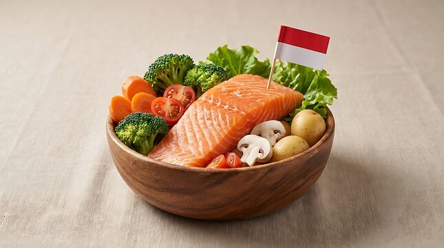 Makanan Sehat Segar dalam Mangkuk Kayu: Fillet Salmon, Brokoli, Wortel, Tomat, Jamur, Kentang, dan Bendera Indonesia