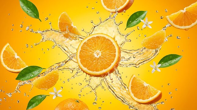 Jeruk Segar Dengan Percikan Air dan Bunga, Cocok Untuk Iklan Minuman dan Makanan