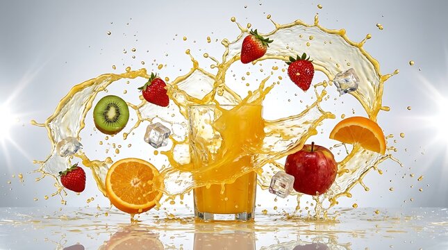 Splash Segar Jus Jeruk dengan Potongan Buah Tropis dan Es Batu yang Menawan