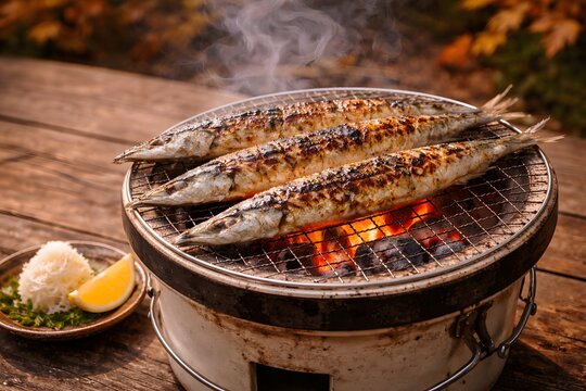 fresh pacific saury sanma grilled over charcoal on a shichirin konro outdoors