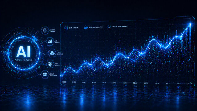 Futuristic AI data analytics interface with rising growth graph and glowing digital wave.
