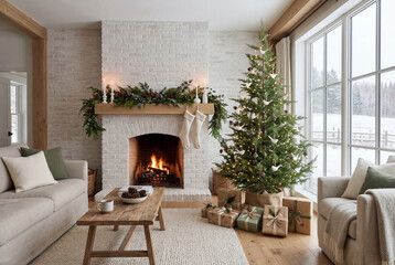 Fototapeta premium Cozy living room interior decorated for christmas with tree and fire