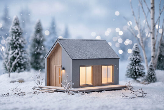 Miniature modern gray house model with glowing warm windows sitting in a snowy winter landscape