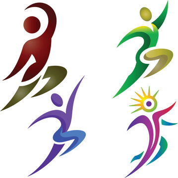 This image features a vibrant set of abstract human figure icons designed to represent movement, energy, and an active lifestyle. The fluid shapes and dynamic poses convey motion, flexibility, and vit