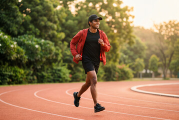 Fototapeta premium Cheerful young man in a red jacket running on a red athletic track surrounded by green trees