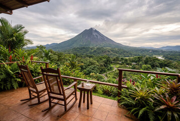Obraz premium Balcony view of a massive volcano surrounded by lush green tropical vegetation