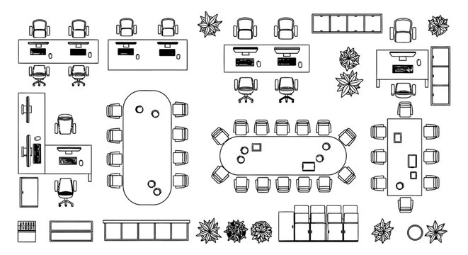 top view of office furniture and workstations office floor plan icons
