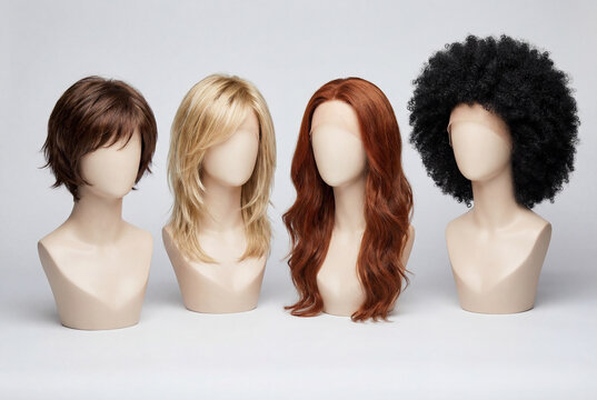 A collection of four female wigs with various hairstyles and colors on mannequin heads