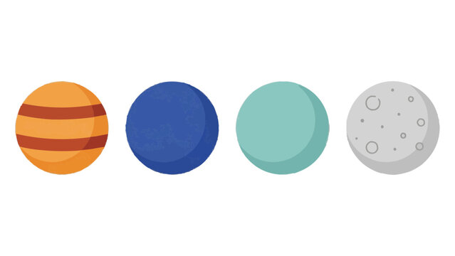 A vibrant and colorful illustration of four planets. Each planet is unique in its design, showcasing the diversity of the solar system. The planets consist of Jupiter, Neptune, Uranus and The moon. 