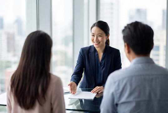 Professional asian female consultant explaining contract to clients