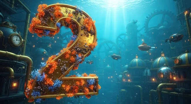 Fantasy underwater scene with golden numeral, clock, gears, and steampunk elements