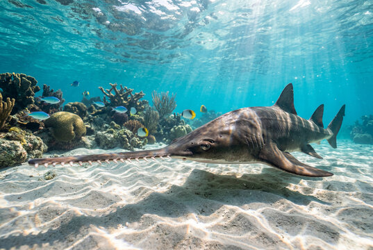 Large prehistoric sawfish swimming over sandy bottom in a coral reef