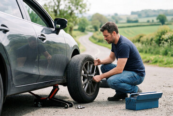 Naklejka premium Man using a wrench to change a flat tire on a grey car