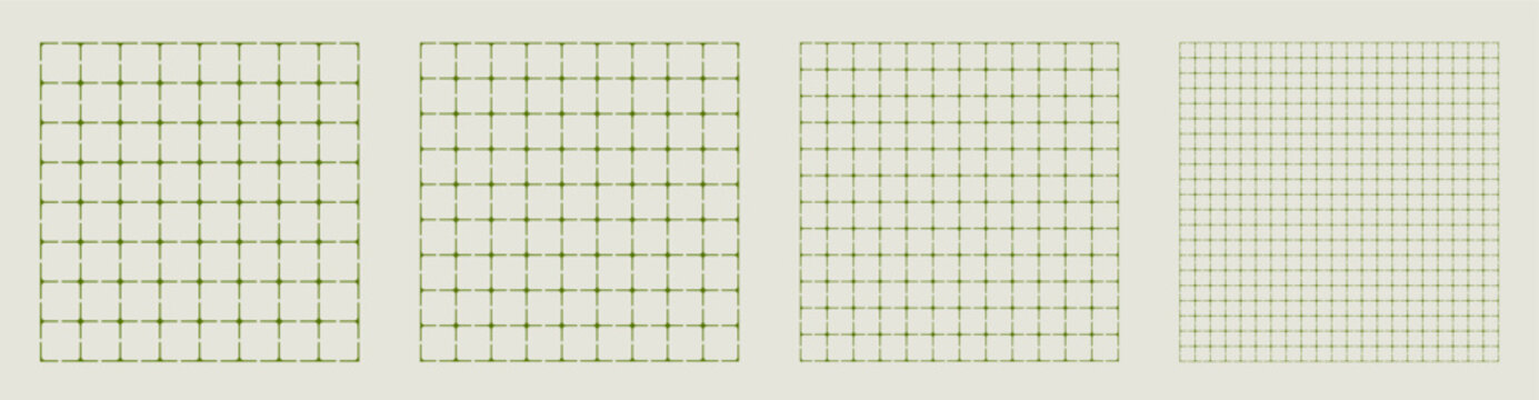 Square grid collection rounded cross geometry, four samples blueprint style. Smooth junction lattice structure, interface layouts editorial compositions planning sheets digital technology graphics.