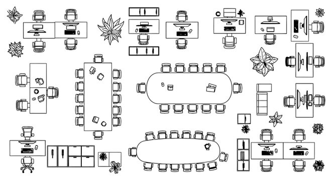 top view of office floor plan with desks chairs and plants interior design autocad