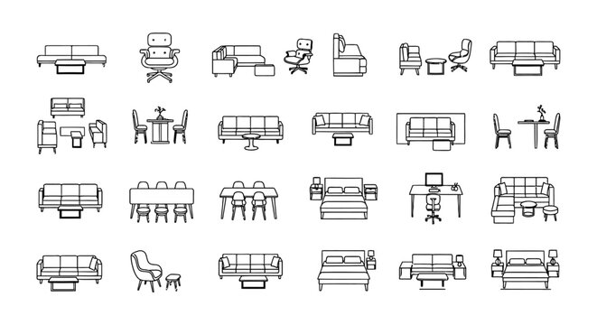 Comprehensive Architectural Furniture CAD Block Library for Interior Design Floor Plans Featuring Sofa and Couch, Beds, and Tables in 2D CAD Vector Icon Style