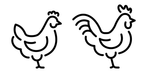 Chicken and rooster outline icon set in clean vector style. Minimal poultry symbols representing farming, agriculture, food production and rural design themes. © IRYNA