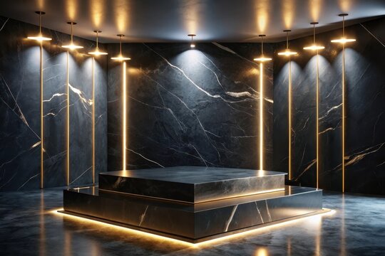 Illuminated Black Marble Display Platform with Golden Accents and Subtle Lighting