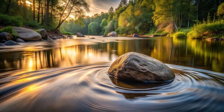 Serene Sunset Reflection on Calm River Water with a Single Rock Creating Ripples