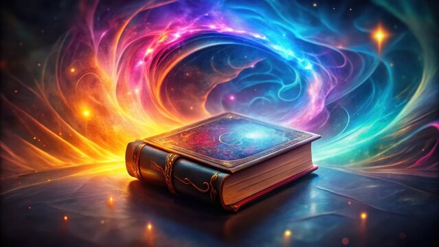 An Ancient Tome Rests Before a Celestial Vortex of Vibrant Cosmic Energy and Mystical Lights