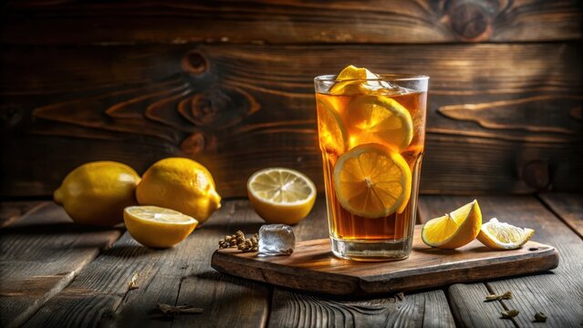 Refreshing Iced Tea with Lemon Slices in a Tall Glass on Rustic Wooden Table