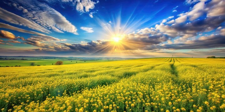 Golden Hour in a Field of Blossoming Yellow Flowers Under a Dramatic Sky
