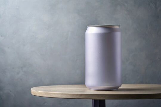 A frosted aluminum beverage can rests on a light wood circular table against a textured grey backdrop.