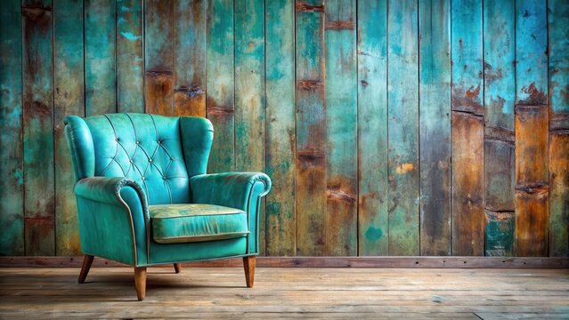 A teal leather armchair sits against a rustic, aged wooden wall, offering a vintage aesthetic for interior design inspiration.