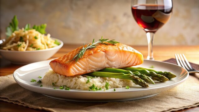 Delicious Pan-Seared Salmon Fillet with Fluffy Rice and Fresh Asparagus, Garnished with Rosemary, Served with a Glass of Red Wine on a Rustic Table Setting