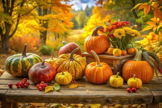Autumnal Harvest Display on Rustic Wooden Table with Colorful Pumpkins and Flowers