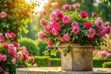 Naklejka premium A vibrant bouquet of pink roses blossoms in a stone planter, bathed in the warm glow of sunlight in a serene garden setting.