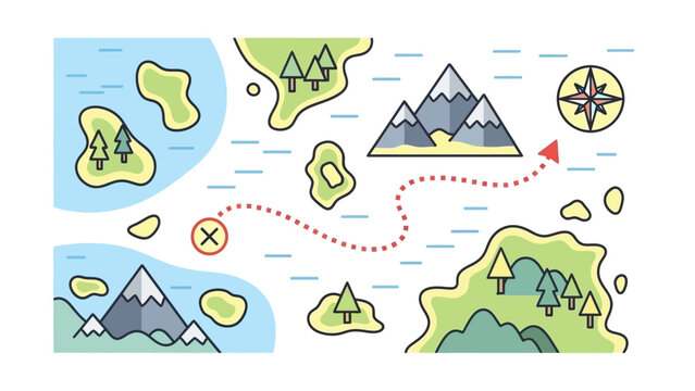 Treasure Map with X Marks the Spot, Islands, Mountains, Compass and Dotted Route
