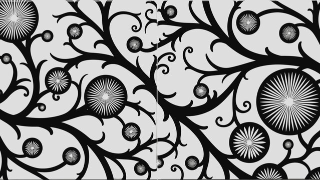 Black Floral Swirls and Ornate Circles on Light Gray Background - Seamless Pattern