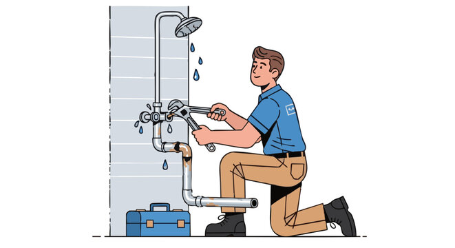 Plumber character fixing leaky shower pipe with wrench