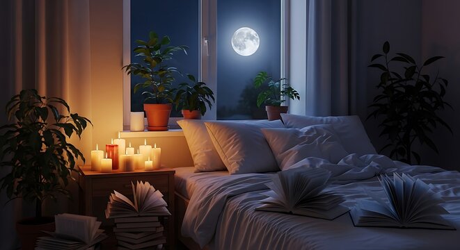 Tranquil bedroom scene with moonlight and candles for relaxation and calm