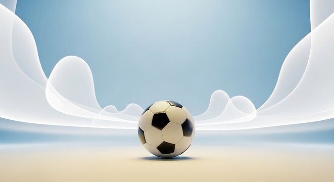 Soccer ball centered with abstract white shapes on blue backdrop