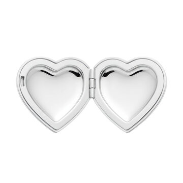 Open sterling silver heart pendant with two symmetrical empty compartments resting on a transparent background creating a sophisticated and romantic atmosphere