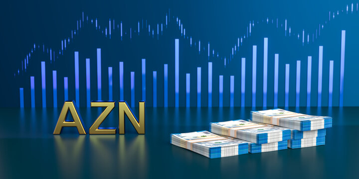 AZN currency symbol and stacks of Azerbaijan manat banknotes, forex trading concept